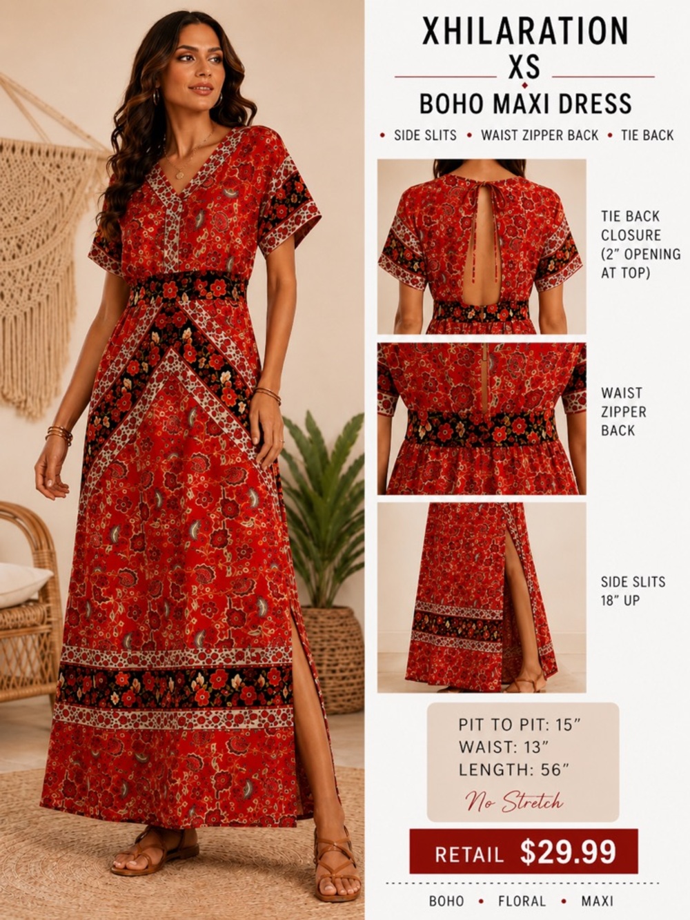 Xhilaration XS Boho Floral Maxi‎ Dress Open Back Side Slit Festival Dress